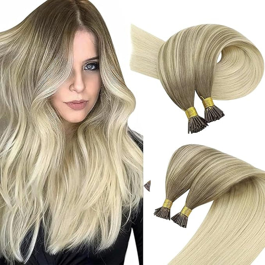 Sunny Balayage I Tip Hair Extensions Human Hair 50S I Tip Hair Extensions Light Blonde to Platinum Blonde Balayage Itips Hair Extension Soft Pre Bonded Hair Cold Fusion 22inch 50G