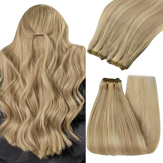 YoungSee Sew in Hair Extensions Blonde Highlight Hair Extensions Sew in Dark Ash Blonde Highlighted Light Blonde Weft Hair Extensions Real Human Hair Highlight Butterfly Weft 22Inch 100G