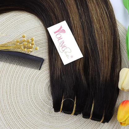 YoungSee Wire Extensions Balayage Straight Real Hair Wire Extensions Balayage Darkest Brown to Medium Brown Headband Wire Hair Extensions Real Human Hair Brown Silky Smooth Hair Extensions 18In 80G