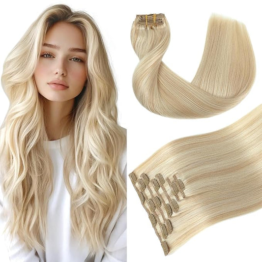 Youngsmile Clip in Hair Extensions, Remy Human Hair Extensions Clip in For Women, silky straight Real Human Hair, Caramel Blonde with Platinum Blonde 120g 16 inch 7Pcs (CLIP#27P60-16inch)