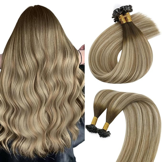 Sunny K Tip Hair Extensions Real Human Hair Straight Ktip Human Hair Extensions Light Brown Balayage Ash Brown with Highlight Keratin Hair Extensions Human Hair Add Volume 16inch 50g