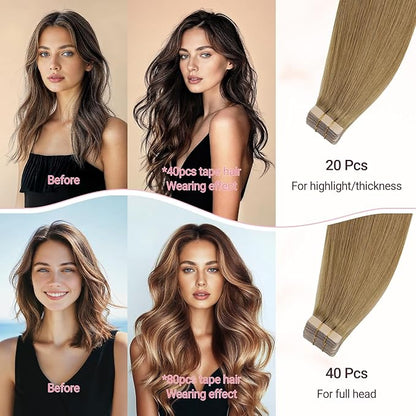 MAXITA Tape in Hair Extensions Human Hair 16 inch 50g 20pcs Light Chestnut Brown Real Human Hair Extensions 100% Remy Seamless Straight Hair Extensions for Women