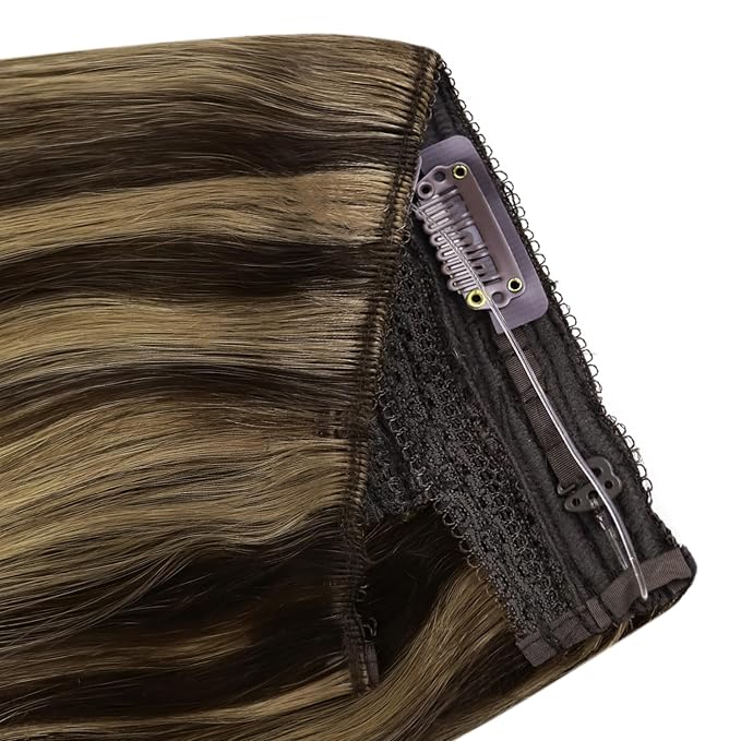 YoungSee 120G Wire Hair Extensions Highlight Fish Line Hair Extensions Human Hair Dark Brown Highlight Blonde Invisible Wire Real Human Hair Extension Heat-Styable for Party 18inch