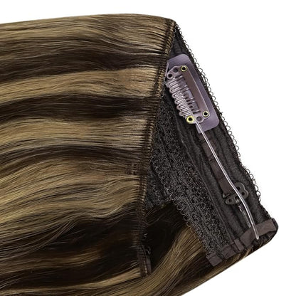 YoungSee 120G Wire Hair Extensions Highlight Fish Line Hair Extensions Human Hair Dark Brown Highlight Blonde Invisible Wire Real Human Hair Extension Heat-Styable for Party 18inch