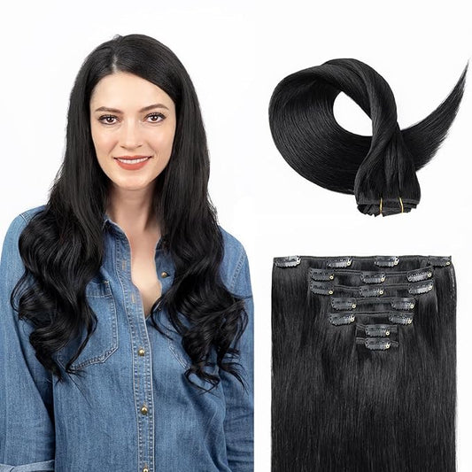 Clip in Hair Extensions Real Human Hair, Jet Black 100% Human Hair Extensions Clip in, Tangle-free Silky Straight Hair Extensions for Women, #1 16Inch 120G 7PCS