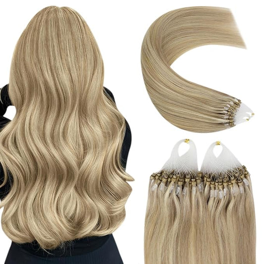 YoungSee Microlink Hair Extensions Human Hair Golden Blonde Mix Blonde Highlight Micro Bead Hair Extensions Real Human Hair for Women 22In 50g 50s Bead Hair Extension Long Lasting Hair Extension