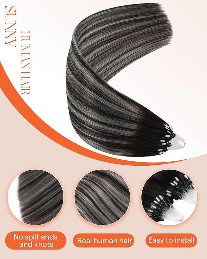 Sunny Hair Microlink Hair Extensions Human Hair Black Balayage Micro Bead Hair Extensions Real Human Hair Soft Micro Loop Extensions Off Black to Silver Mix with Black Rooted 18inchh 50g