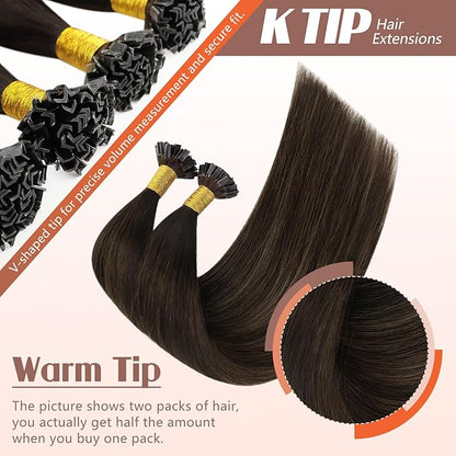 Sunny Hair Ktip Human Hair Extensions Darkest Brown to Medium Brown Keratin Human Hair Extensions 24inch K Tip Extensions Natural 50g