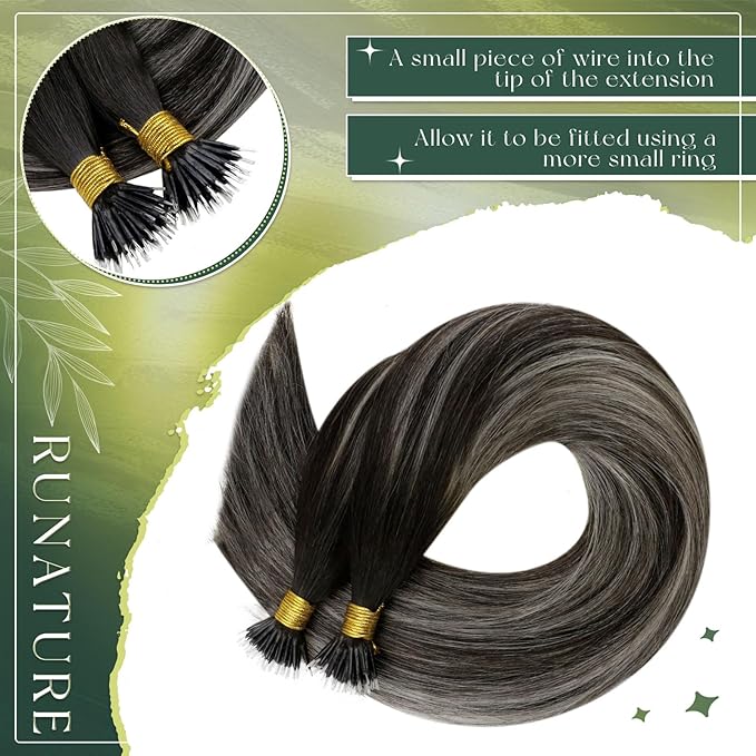 RUNATURE Nano Bead Hair Extensions Human Hair Ombre Black Silver to Silver Nano Hair Extensions Straight Nano Ring Hair Extensions Silky Keratin Nano Tip Hair Extensions Human Hair 16 Inch 50g 50s
