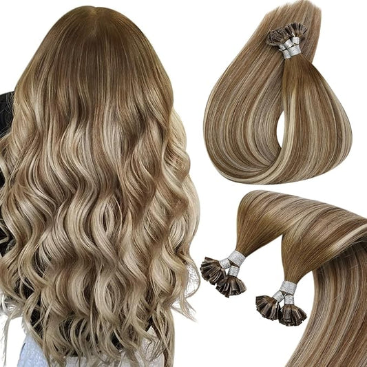 Sunny Hair U Tip Hair Extensions Human Hair Balayage Utip Human Hair Extensions Chestnut Brown with Blonde Ombre K Tips Hair Extensions Real Human Hair for Daily Use 14inch 50g