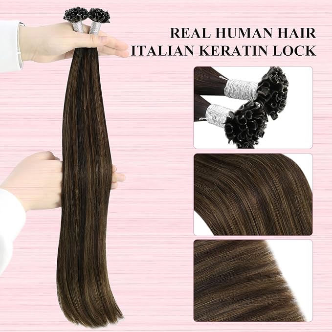 YoungSee U Tip Hair Extensions Human Hair Balayage Ktip Hair Extensions Balayage Dark Brown with Brown U Tips Hair Extensions Real Human Hair Ombre for Women Human Hair Extensions U Tip 20In 50s/50G