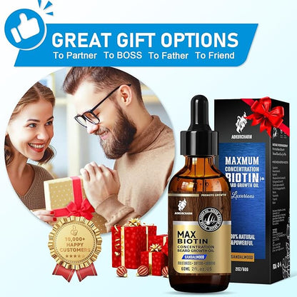 Biotin Beard Oil for Men – Sandalwood Scented Beard Growth Oil with Castor, Vitamin B5 & Grape Seed – Soften & Tame Coarse Beards – Natural Grooming Gift for Him – 2 oz