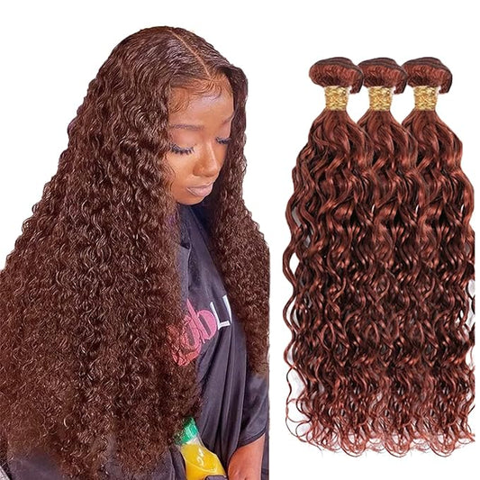 Copper Red Human Hair Bundles Auburn Water Wave Bundles 16 18 20 Inch Huxowax Virgin Soft And Silky Remy Hair Extensions Color 33 Wet And Wavy Bundle 300g