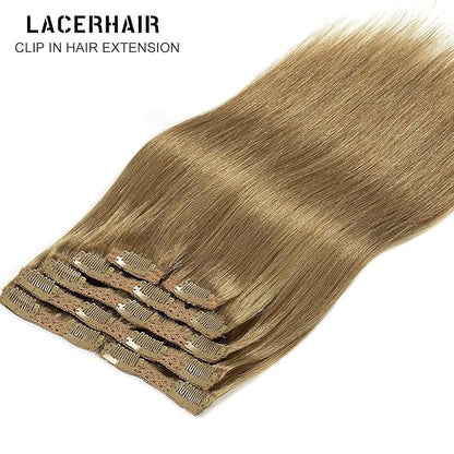 Lacer Hair Extensions Clip In Real Human Hair Extensions 120g 7 Pieces Silky Straight Weft Remy Human Hair Clip in Hair Extensions Light Brown #8 20 Inch