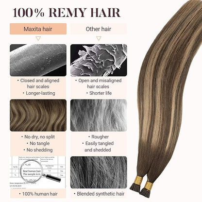 MAXITA I Tip Hair Extensions Human Hair, Balayage Chocolate Brown to Caramel Blonde 100g/50s 20 Inch,Comfortable Wear, 100% Remy Human Hair, Real Human Itip Keratin Hair Extensions