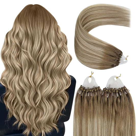 YoungSee Micro Beads Hair Extensions Ombre Micro Ring Hair Extensions Ombre Brown Micro Bead Extension Real Human Hair Light Brown Balayage Blonde 16In 50s 50g