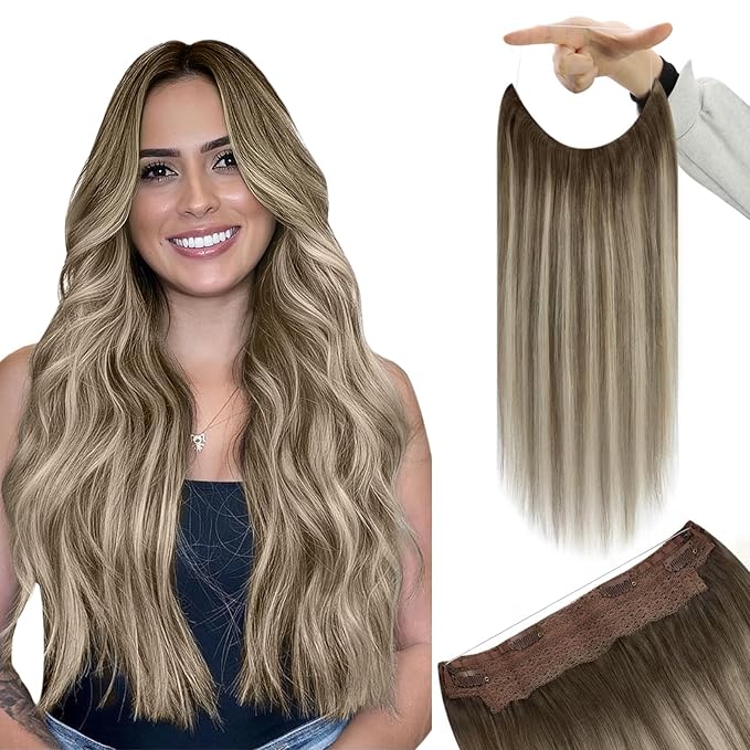 YoungSee Wire Hair Extensions Human Hair Brown Ombre Fish Line Hair Extensions Dark Brown Ombre Light Brown with Blonde Straight Hair Wire Extensions Customizable Hair Extensions Human Hair 12inch 70g