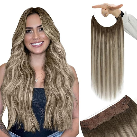YoungSee 100G 20Inch Wire Hair Extensions Real Human Hair Brown Balayage Wire Human Hair Extensions Dark Brown Ombre Light Brown with Blonde Fish Line Human Hair Extensions Add Length and Volume