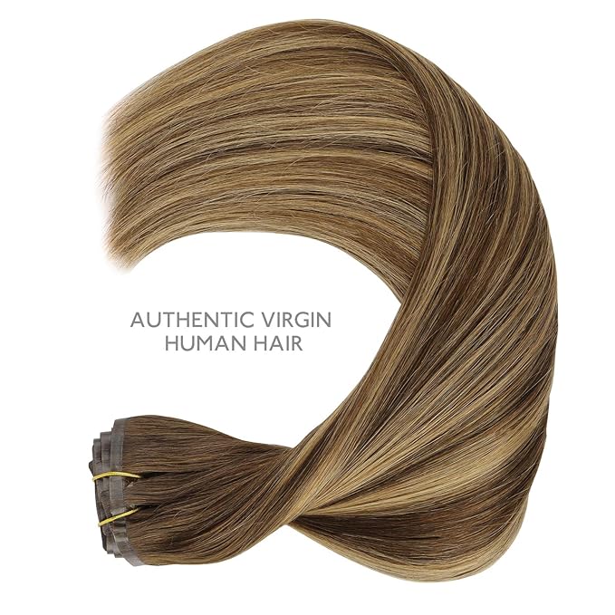 WENNALIFE Seamless Clip In Hair Extensions Human Hair, 24 Inch 160g 7pcs Balayage Chocolate Brown to Caramel Blonde Invisible Natural PU Weft Straight Extensiones De Cabello Hmano
