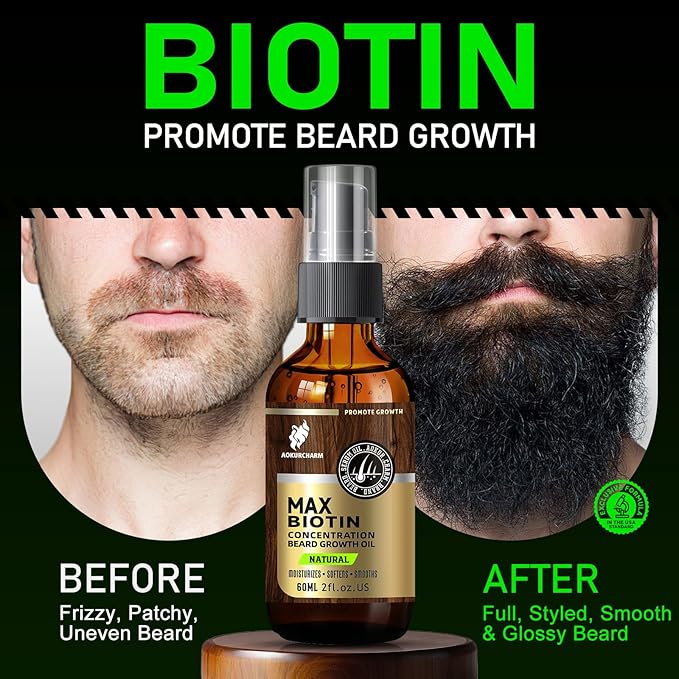 Beard Growth Oil for Men – Natural Biotin Beard Oil with Castor, Vitamin B5 & Grape Seed to Soften, Nourish & Thicken Facial Hair – Conditioning, Moisturizing Grooming Oil, 2oz Gift for Men, Unscented