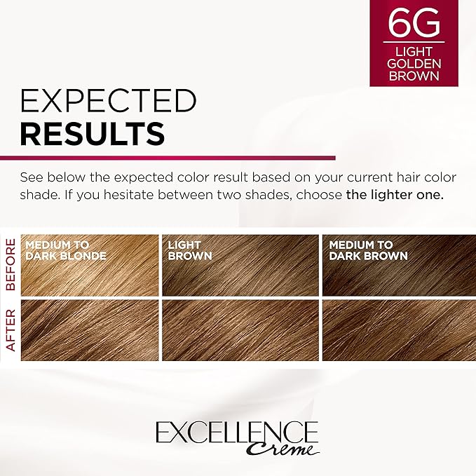 L'Oreal Paris Excellence Creme Permanent Triple Care Hair Color, 6G Light Golden Brown, Gray Coverage For Up to 8 Weeks, All Hair Types, Pack of 1