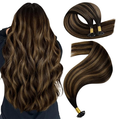 YoungSee Ktip Hair Extensions Human Hair Balayage Brown K Tip Extensions Human Hair Dark Brown with Medium Brown Ombre Ktips Human Hair Extensions 16Inch Hair Extensions for Women 50G/S