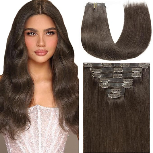 Loxxy Seamless Clip in Hair Extensions 22Inch 110G 7Pcs Light Dark Brown Real Human Hair Clip in Extensions Invisible With PU Clip On Hair Extensions Human Hair For Women Silky Straight #2A