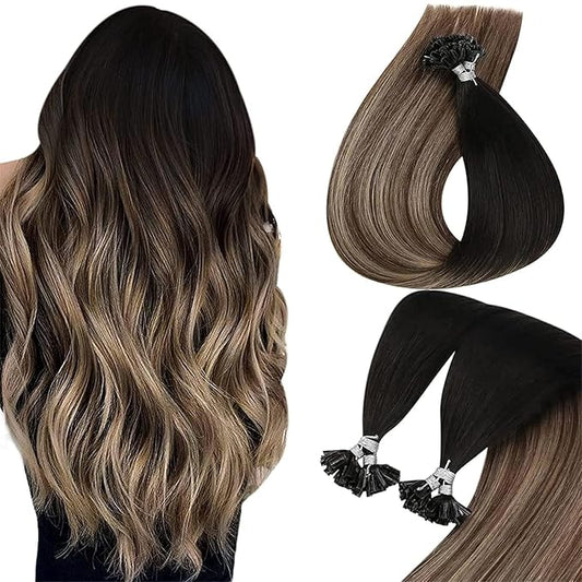 Sunny Hair Long Utip Hair Extensions Human Hair 24inch Hot Fusion Hair Extensions Black Ombre Dark Brown With Ash Blonde Balayage K Tips Real Human Hair Extensions Instant Hairstyle Change 50g