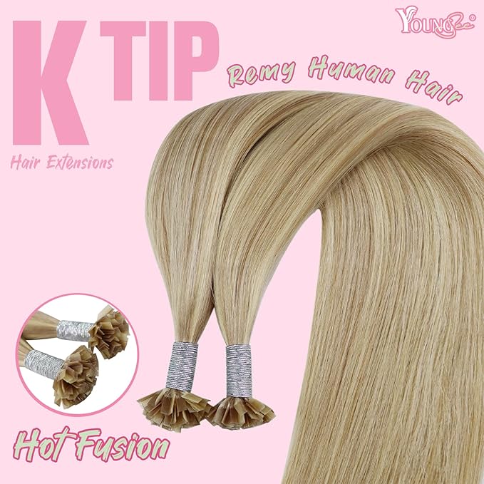 YoungSee K Tip Hair Extensions Human Hair Blonde Highlight Ktip Human Hair Extensions Golden Blonde Highlight 16inch 50s/50g