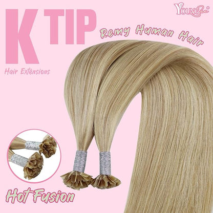 YoungSee K Tip Hair Extensions Human Hair Blonde Highlight Ktip Human Hair Extensions Golden Blonde Highlight 16inch 50s/50g