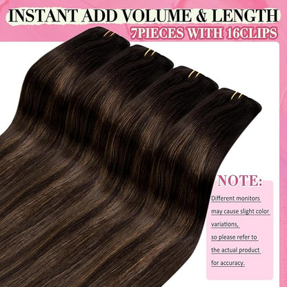 YoungSee 150G Clip in Hair Extensions Balayage Clip on Hair Extensions Dark Brown Mix Medium Brown Highlights Brown Balayage Clip in Extensions Real Hair Suitable for Special Occasions 7Pcs 20In 7Pcs