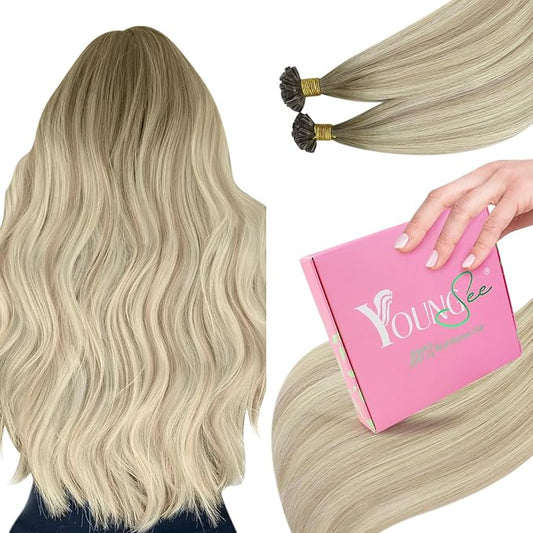 YoungSee U Tip Hair Extensions Human Hair Ash Blonde with Platinum Blonde Balayage Utip Real Hair Extensions for Women Keratin Hair Extensions Human Hair Balayage U Tips Hair Extensions 20In 1G/S 50G