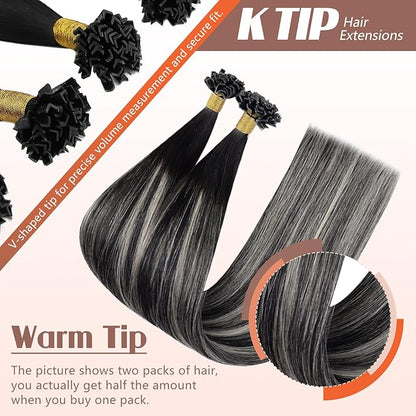 Sunny Hair K Tip Extensions Real Human Hair Ombre Black Ktip Hair Extensions Natural Black Roots to Silver Grey Balayage 22inch 50g