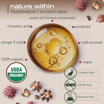 Ella & Eden Organic Castor Oil – Cold-Pressed, Hexane-Free, USDA Certified, Unrefined & 100% Pure | For Hair Growth, Skin and Face – 32 fl oz