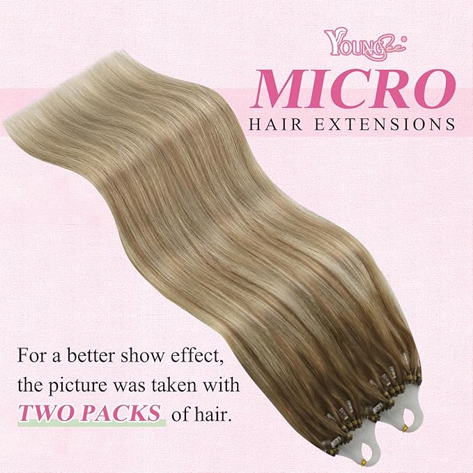 YoungSee Micro Link Hair Extensions Human Hair Ombre Microloop Hair Extensions Human Hair Balayage Light Brown with Blonde Bead Hair Extensions Real Human Hair for Long Hair 24 Inch 50s 50g