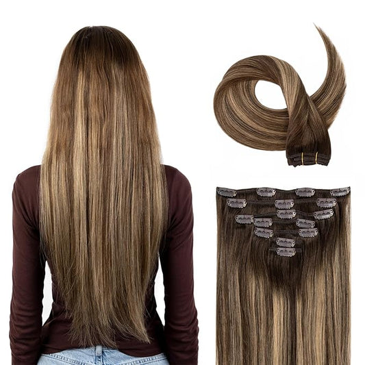 Clip in Hair Extensions Real Human Hair, Invisible Clip In Hair Extensions 100% Human Hair, Balayage Chocolate Brown to Caramel Blonde #4TP27/4 24Inch 120G 7PCS