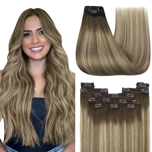 YoungSee 150G Clip in Real Hair Extensions Brown Clip on Hair Extensions Dark Brown Ombre Light Brown with Blonde Soft and Silky for Casual Outings 22inch 7pcs