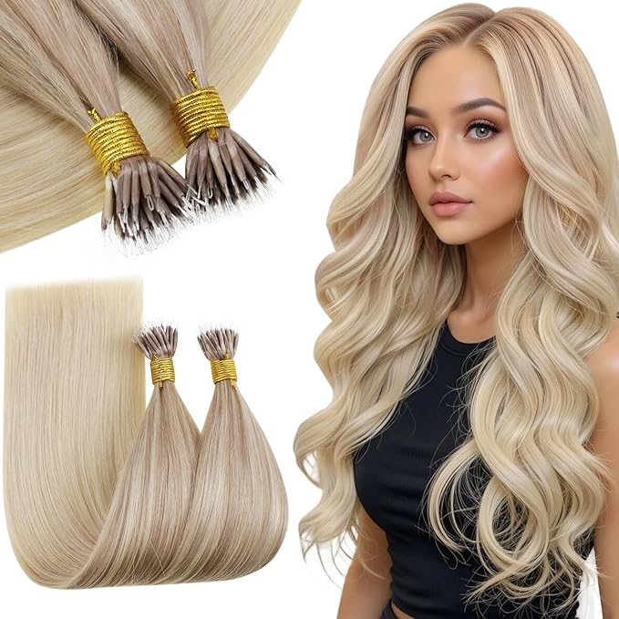 RUNATURE 22 Inch Nano Bead Hair Extensions Human Hair Ombre Ash Blonde Mix Light Blonde Fading to Platinum Blonde Remy Nano Extensions Human Hair Silky Nana Link Human Hair Extensions 50g 50s
