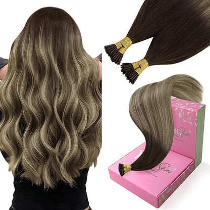 YoungSee I Tip Hair Extensions Balayage Tip Hair Extensions Balayage Brown with Blonde I Tips Human Hair Extensions 18 Inch Invisible I Tip Hair Ombre for Adding Hair Volume 50g 60s Remy Hair