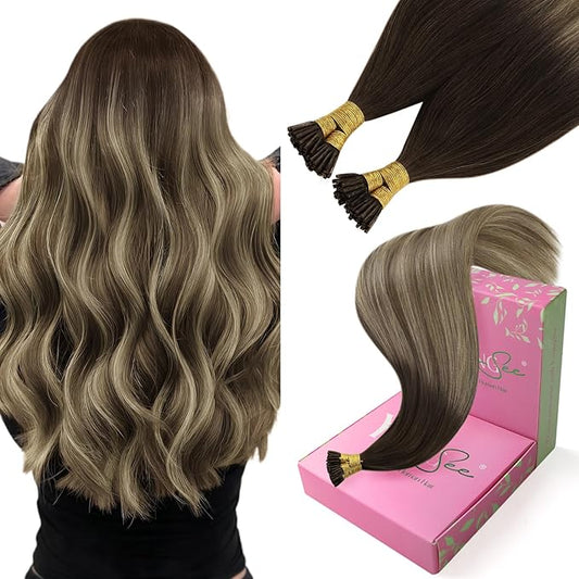 YoungSee I Tip Hair Extensions Balayage Tip Hair Extensions Balayage Brown with Blonde I Tips Human Hair Extensions 18 Inch Invisible I Tip Hair Ombre for Adding Hair Volume 50g 60s Remy Hair