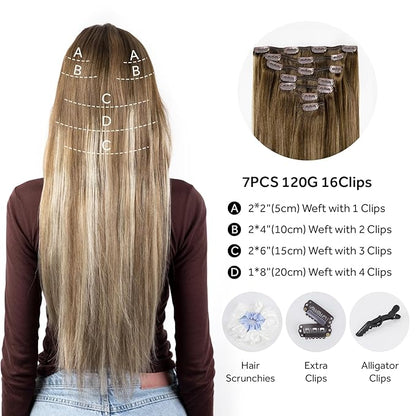 Clip in Hair Extensions Real Human Hair, Silky Straight Remy Hair Extensions for Women, Balayage Walnut Brown to Ash Brown and Bleach Blonde #3TP8/613 18Inch 120G 7PCS