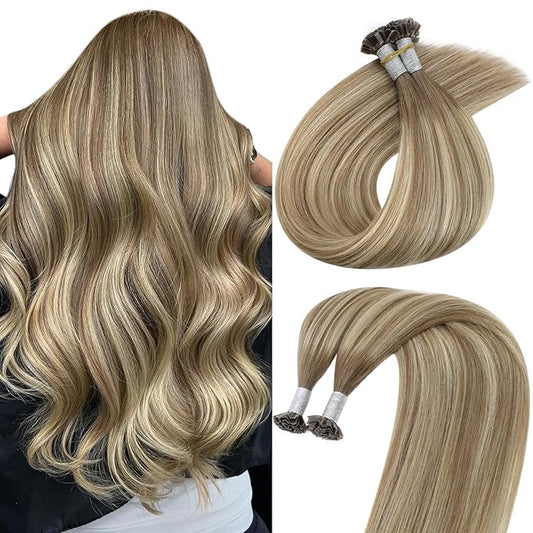 Sunny Hair K Tip Hair Extensions Real Human Hair Invisible Ktip Hair Extensions Light Brown Ombre Blonde 14inch 50g Silky Straight