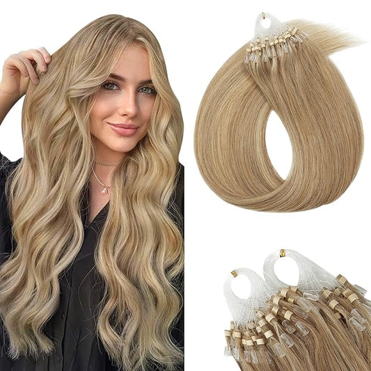 Micro Link Hair Extensions Human Hair Micro Bead Extensions Micro Loop Micro Ring Human Hair Extensions for Women Silky Straight Natural 50g/100 Stands 24" Golden Brown Mix Bleach Blonde