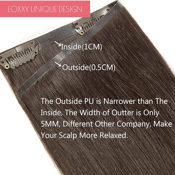 Loxxy Seamless Clip in Hair Extensions 22Inch 110G 7Pcs Light Dark Brown Real Human Hair Clip in Extensions Invisible With PU Clip On Hair Extensions Human Hair For Women Silky Straight #2A