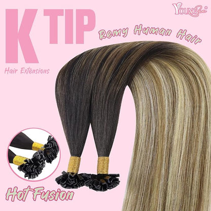 YoungSee K Tip Hair Extensions Real Human Hair Balayage Ktip Extensions Ombre Dark Brown Roots to Blonde K Tips Human Hair Extensions for Long Hair 24Inch 50s/50g Pre Bonded Hair Extensions Add Length
