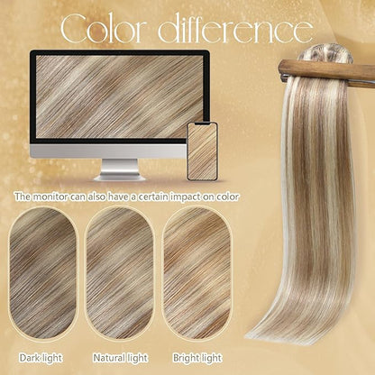 Blonde Human Hair Extensions Clip Ins 22 Inches 115g Light Brown Mixed Bleach Blonde Hair Clip in Extensions Real Human Hair Straight Silky #8/22/8 7pcs