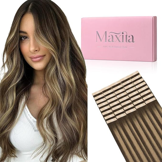 MAXITA Tape in Hair Extensions Human Hair 4/27/4 Chocolate Brown Mixed Caramel Blonde Balayage 16 Inch 100g 40pcs Thick Ends Straight Seamless Tape ins Remy Invisible Tape in Extensions Human Hair