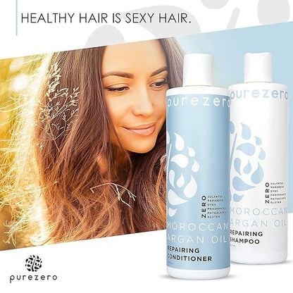 Purezero Moroccan Argan Oil Shampoo & Conditioner set - Repair Damaged Hair - Fight Dandruff & Frizz - Zero Sulfates, Parabens, Dyes, Gluten - Vegan & Cruelty Free (20 FL Oz (Pack of 2))