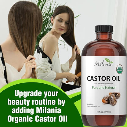 MILANIA Organic Castor Oil - Glass Bottle - Cold Pressed & Hexane-Free (16 fl. oz.)