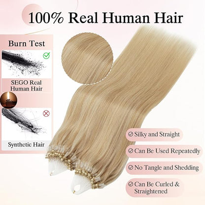 Micro Link Hair Extensions Human Hair Micro Bead Extensions Micro Loop Micro Ring Human Hair Extensions for Women Silky Straight Natural 50g/100 Stands 16" Ash Blonde Mix Bleach Blonde